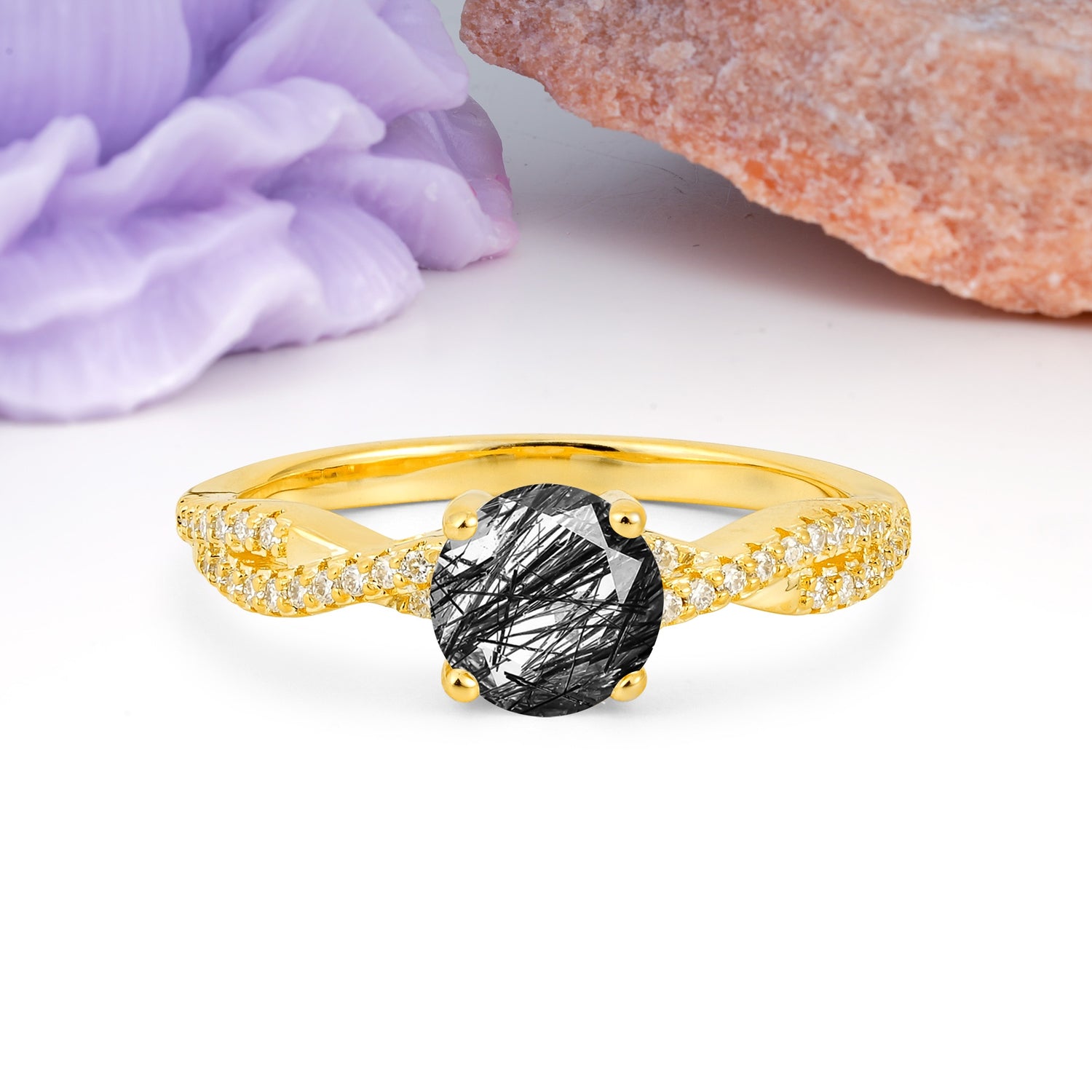 Luxurious Twisted Pavé Setting, 4-Prong Round Cut Black Rutilated Quartz Engagement Ring - Additional view