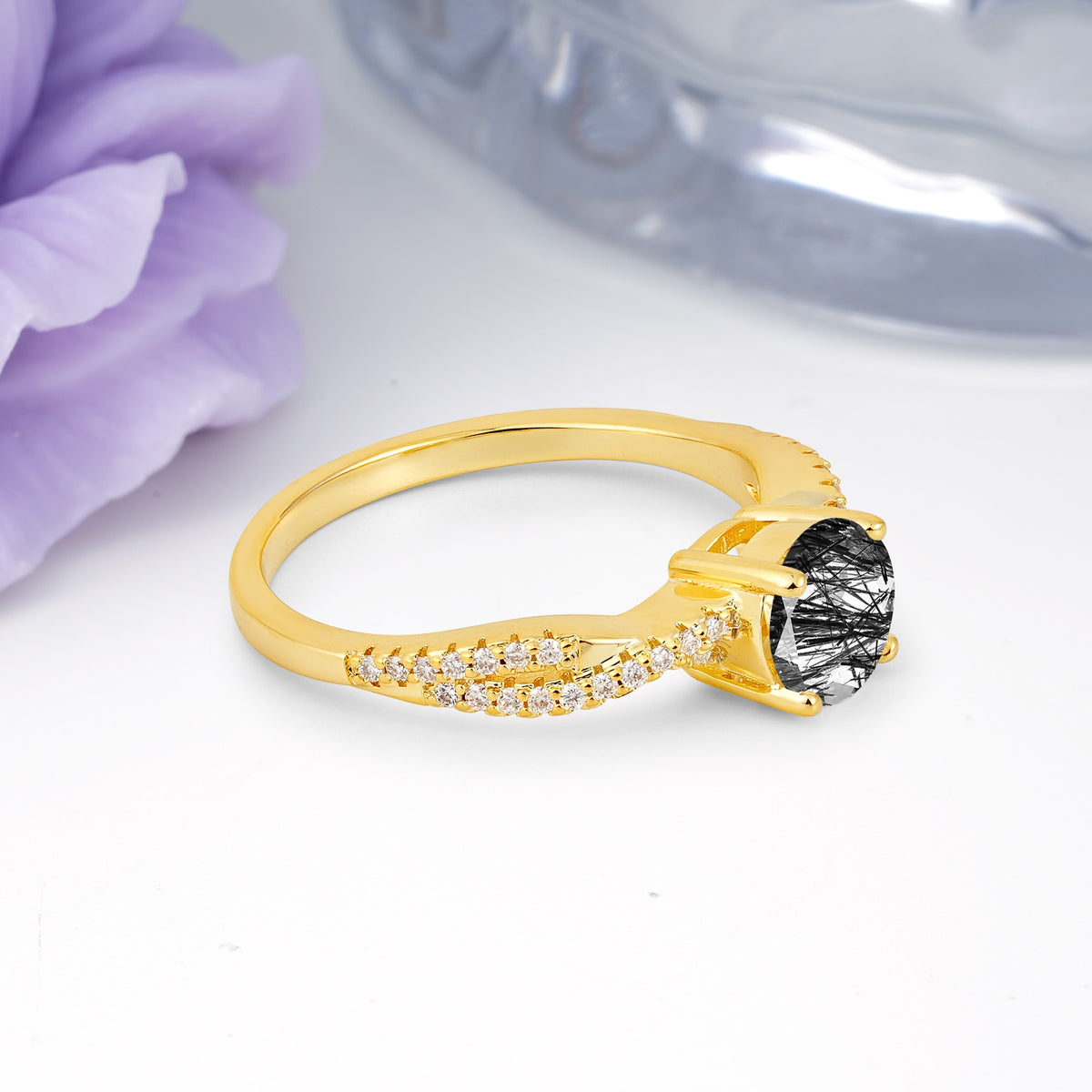 Luxurious Twisted Pavé Setting, 4-Prong Round Cut Black Rutilated Quartz Engagement Ring - Additional view