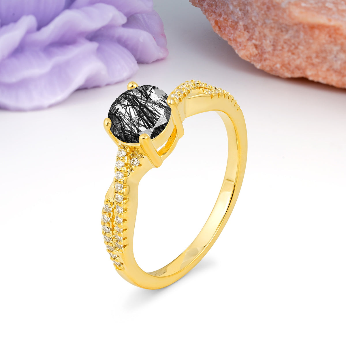 Luxurious Twisted Pavé Setting, 4-Prong Round Cut Black Rutilated Quartz Engagement Ring - Additional view