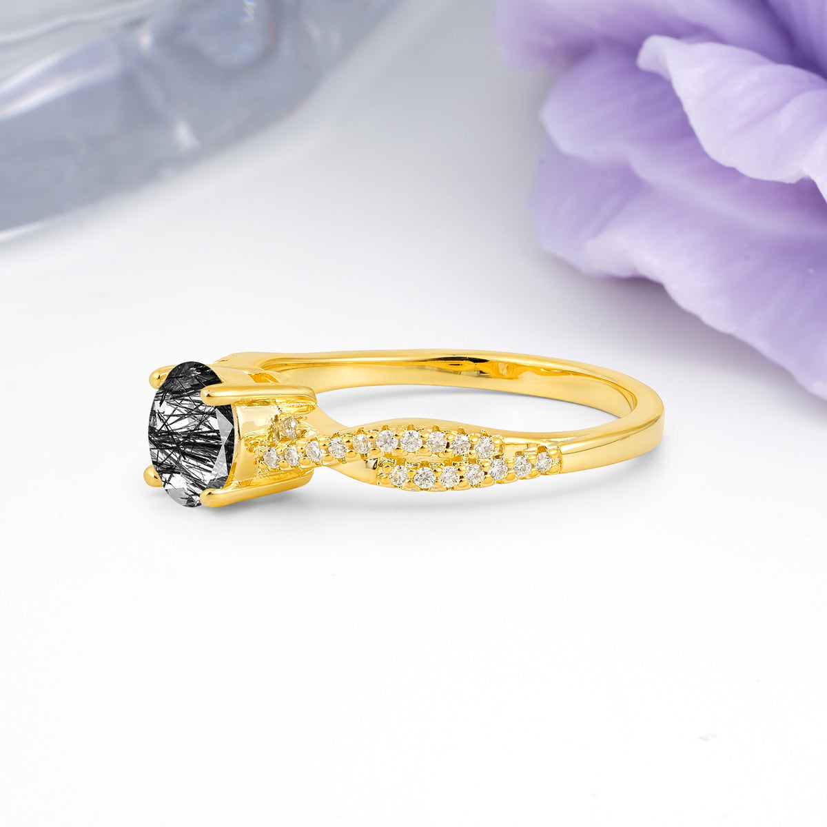 Luxurious Twisted Pavé Setting, 4-Prong Round Cut Black Rutilated Quartz Engagement Ring - Additional view