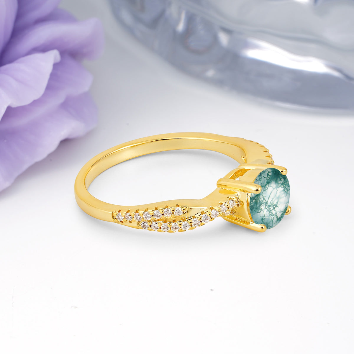 Luxurious Twisted Pavé Setting, 4-Prong Round Cut Moss Agate Engagement Ring - Additional view