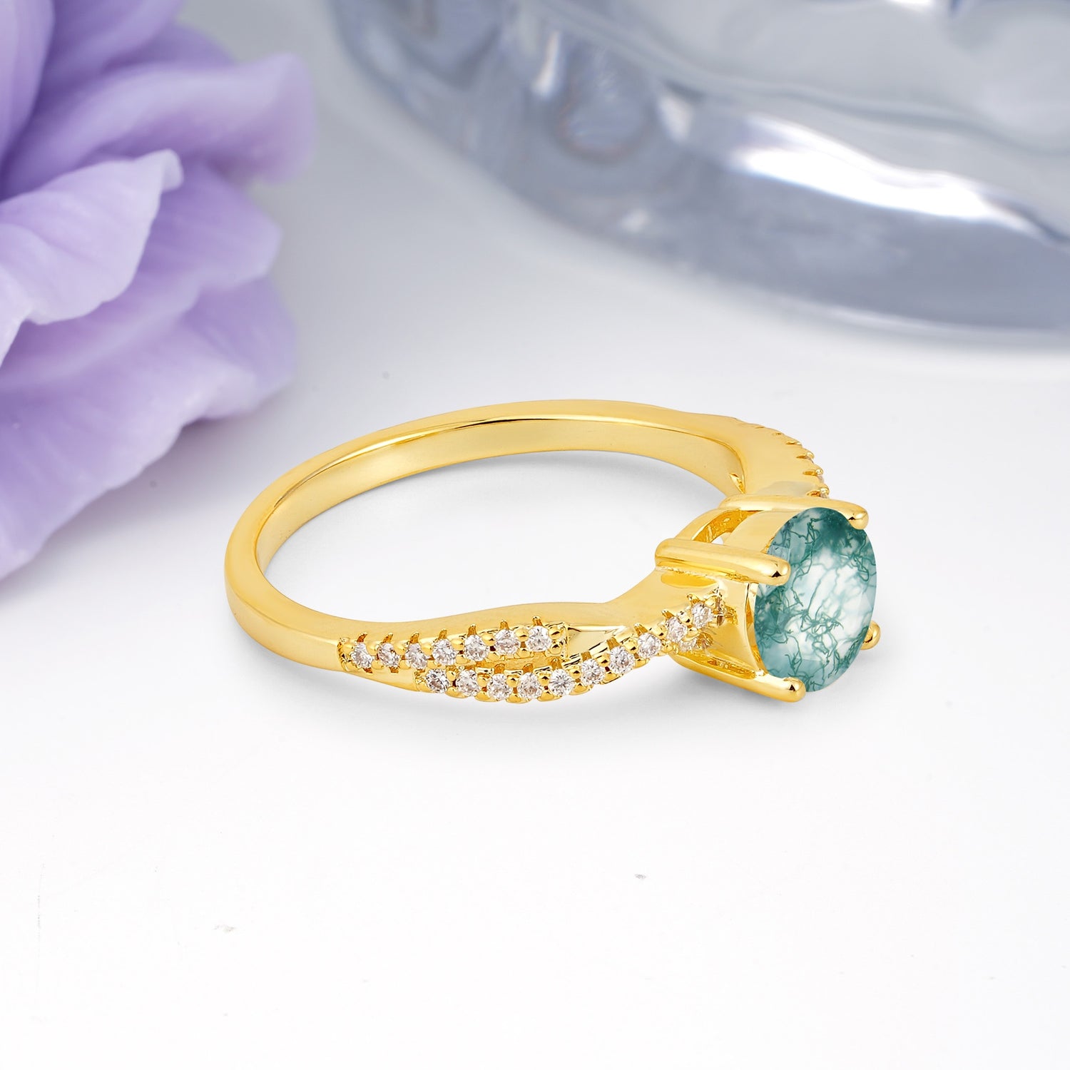 Luxurious Twisted Pavé Setting, 4-Prong Round Cut Moss Agate Engagement Ring - Additional view