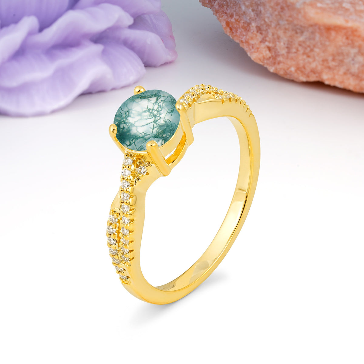 Luxurious Twisted Pavé Setting, 4-Prong Round Cut Moss Agate Engagement Ring - Additional view