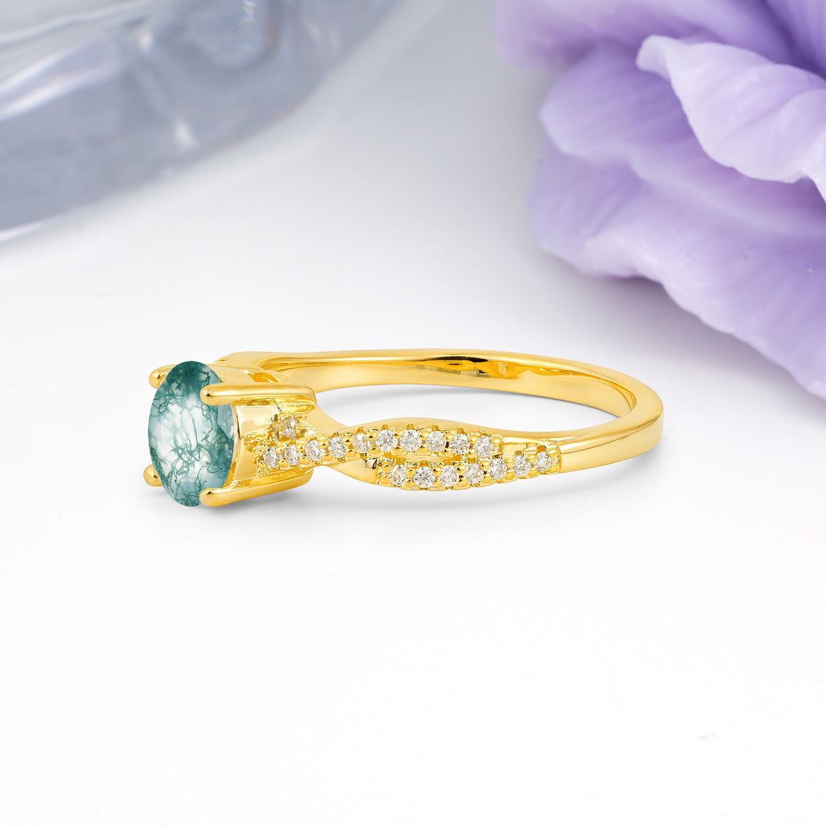 Luxurious Twisted Pavé Setting, 4-Prong Round Cut Moss Agate Engagement Ring - Additional view