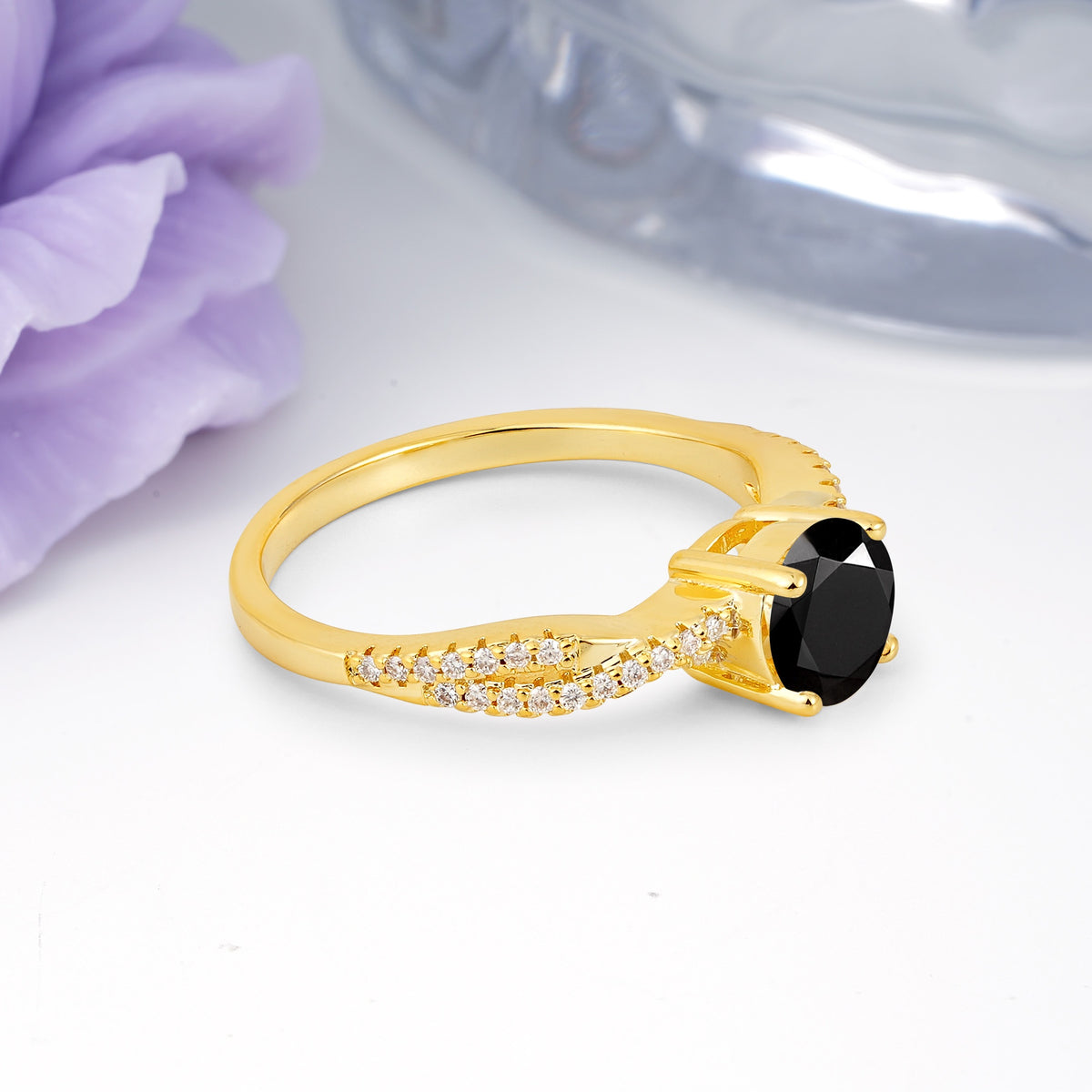Luxurious Twisted Pavé Setting, 4-Prong Round Cut Black Onyx Engagement Ring - Additional view