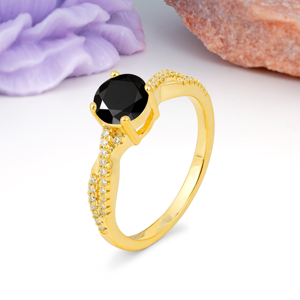 Luxurious Twisted Pavé Setting, 4-Prong Round Cut Black Onyx Engagement Ring - Additional view