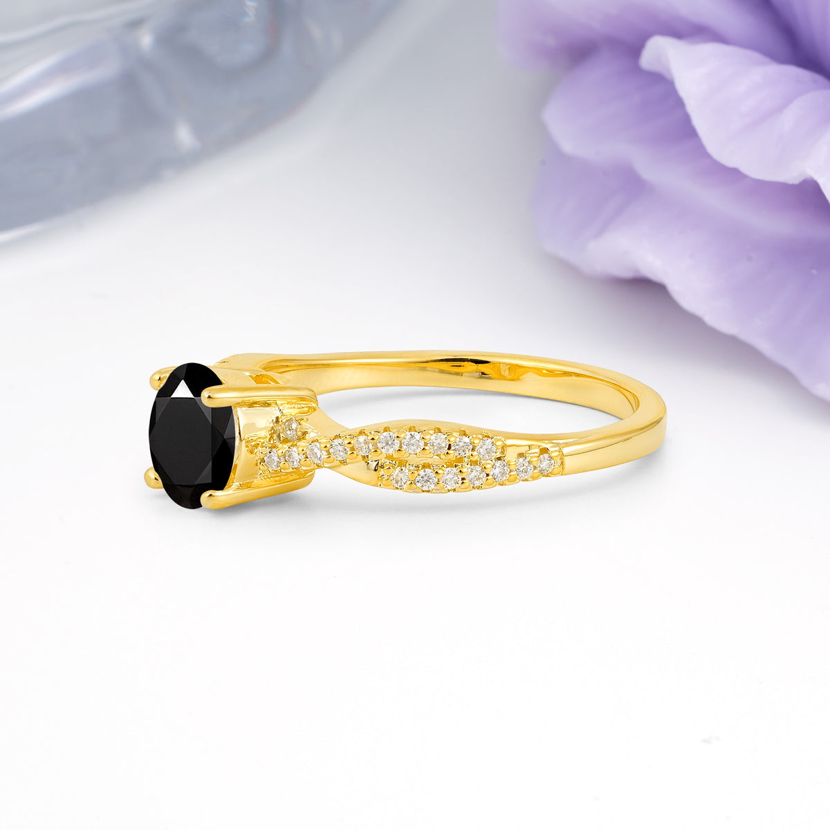 Luxurious Twisted Pavé Setting, 4-Prong Round Cut Black Onyx Engagement Ring - Additional view