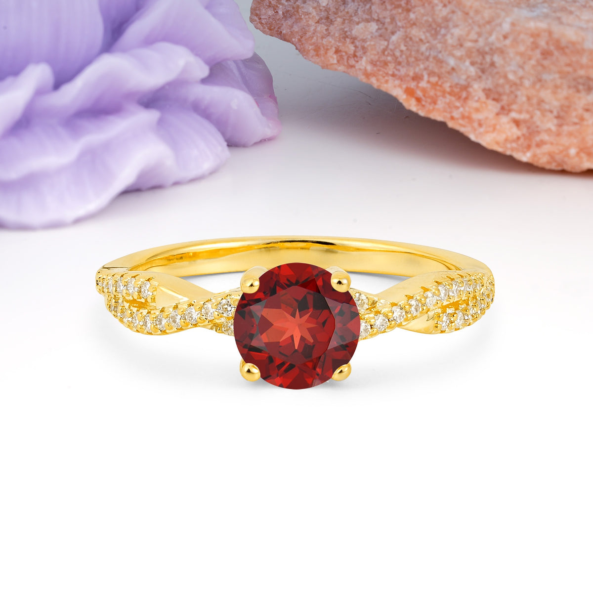 Luxurious Twisted Pavé Setting, 4-Prong Round Cut Garnet Engagement Ring - Additional view