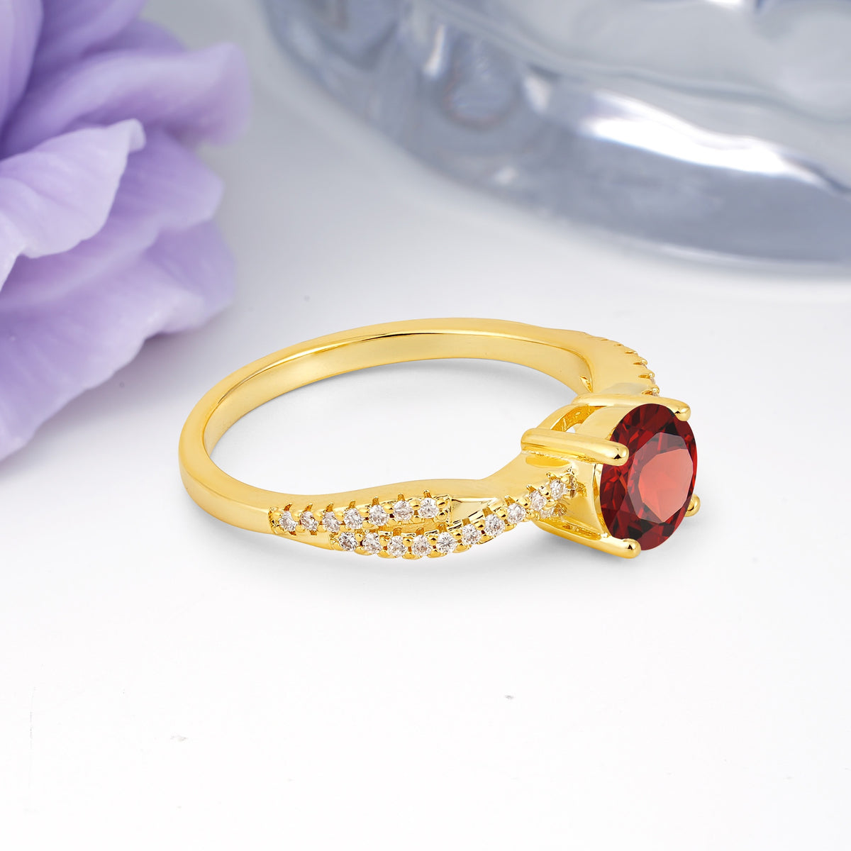 Luxurious Twisted Pavé Setting, 4-Prong Round Cut Garnet Engagement Ring - Additional view