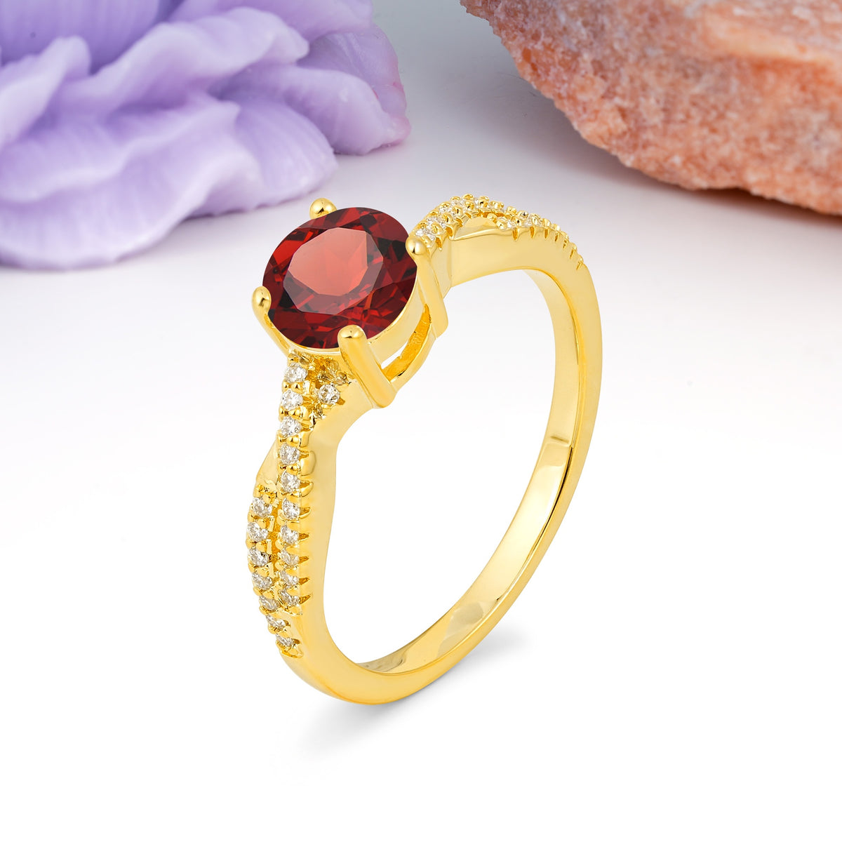 Luxurious Twisted Pavé Setting, 4-Prong Round Cut Garnet Engagement Ring - Additional view