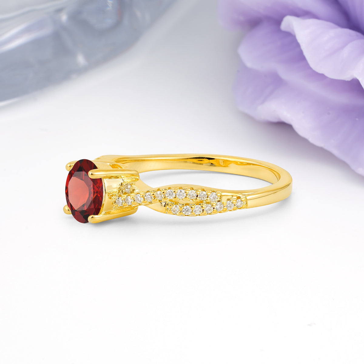 Luxurious Twisted Pavé Setting, 4-Prong Round Cut Garnet Engagement Ring - Additional view