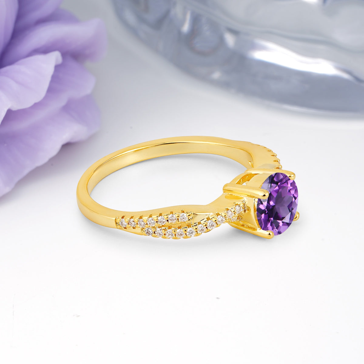 Luxurious Twisted Pavé Setting, 4-Prong Round Cut Amethyst Engagement Ring - Additional view