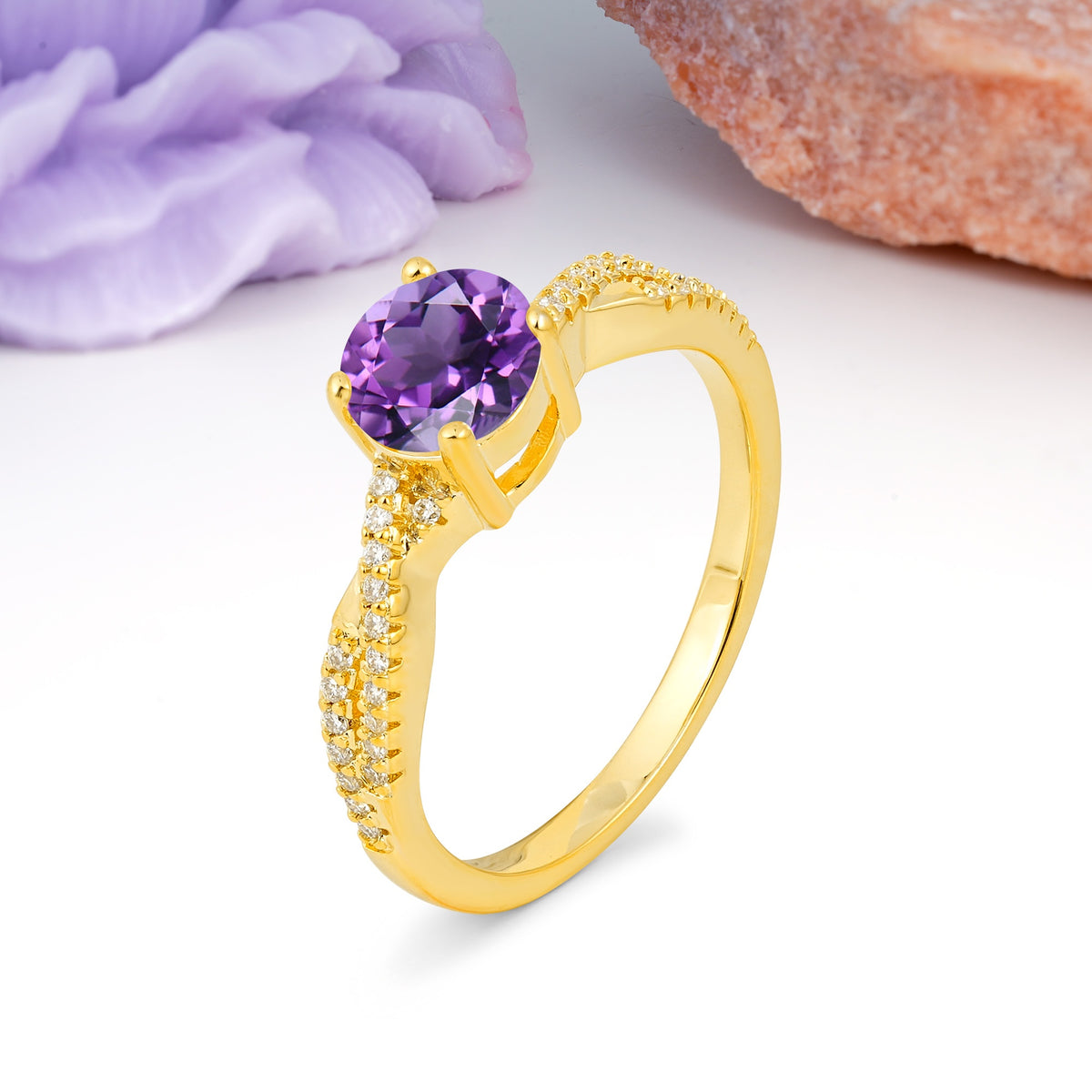 Luxurious Twisted Pavé Setting, 4-Prong Round Cut Amethyst Engagement Ring - Additional view