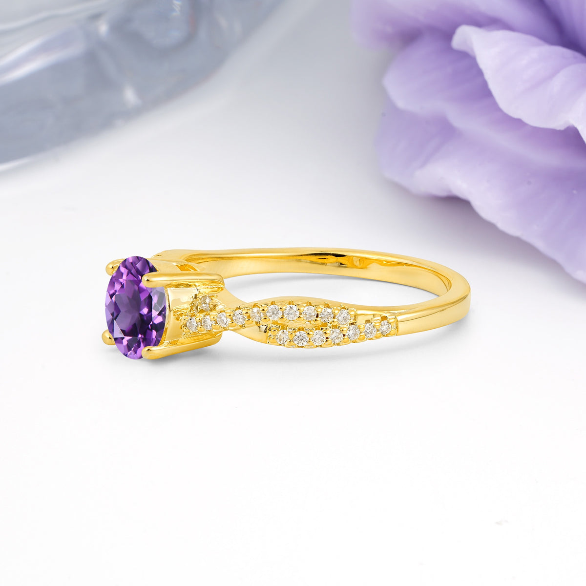 Luxurious Twisted Pavé Setting, 4-Prong Round Cut Amethyst Engagement Ring - Additional view