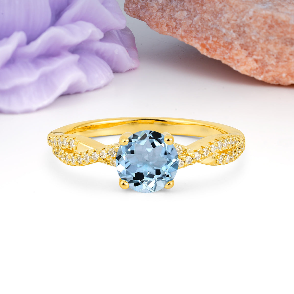 Luxurious Twisted Pavé Setting, 4-Prong Round Cut Aquamarine Engagement Ring - Additional view