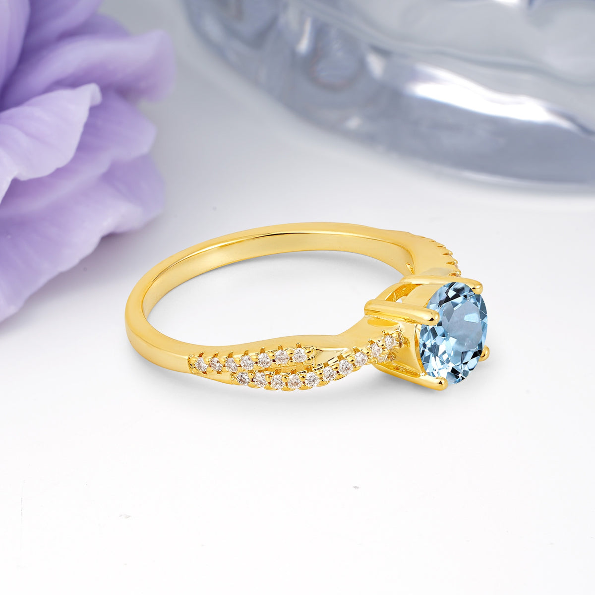 Luxurious Twisted Pavé Setting, 4-Prong Round Cut Aquamarine Engagement Ring - Additional view