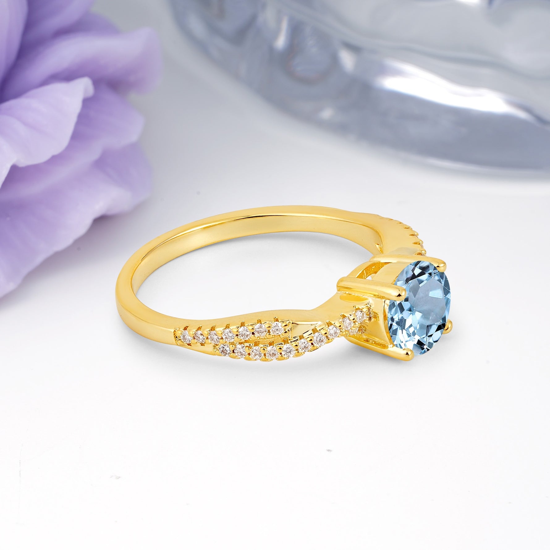 Luxurious Twisted Pavé Setting, 4-Prong Round Cut Aquamarine Engagement Ring - Additional view