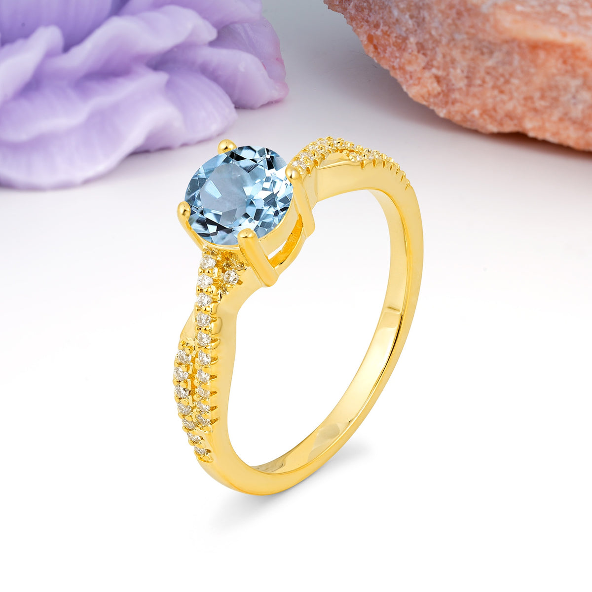 Luxurious Twisted Pavé Setting, 4-Prong Round Cut Aquamarine Engagement Ring - Additional view