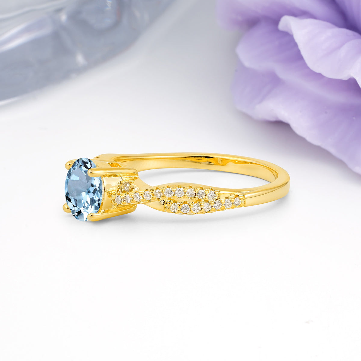 Luxurious Twisted Pavé Setting, 4-Prong Round Cut Aquamarine Engagement Ring - Additional view