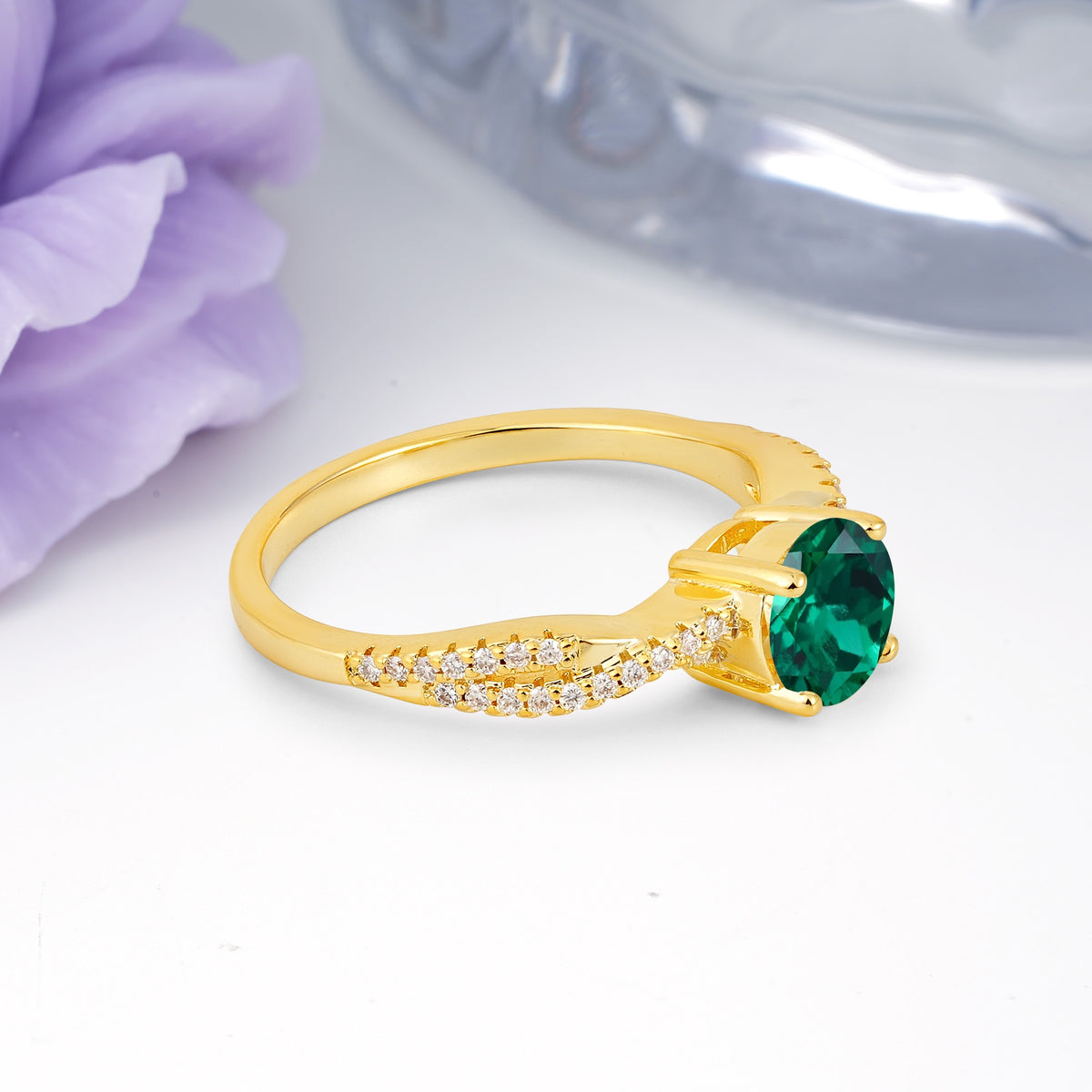 Luxurious Twisted Pavé Setting, 4-Prong Round Cut Emerald Engagement Ring - Additional view