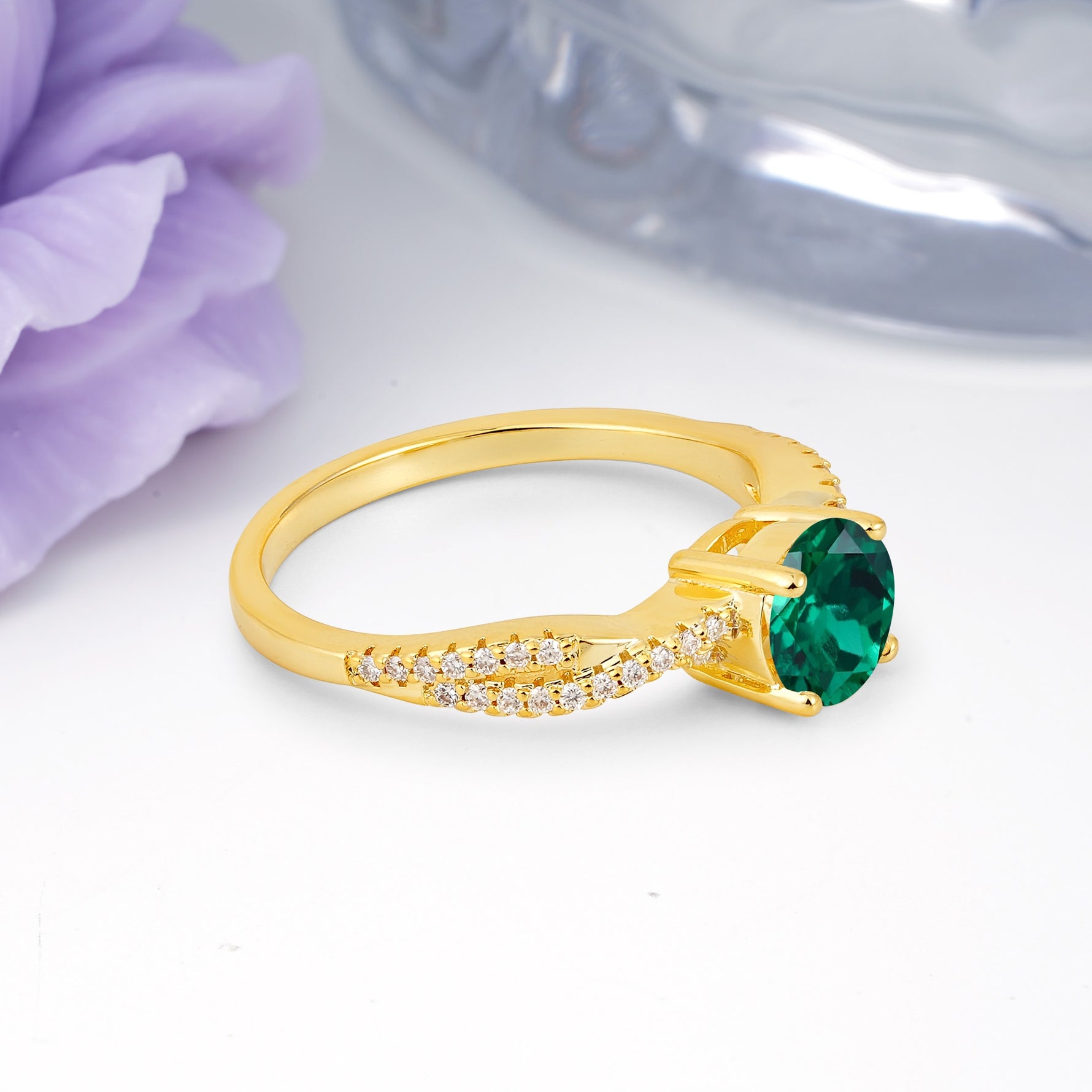 Luxurious Twisted Pavé Setting, 4-Prong Round Cut Emerald Engagement Ring - Additional view