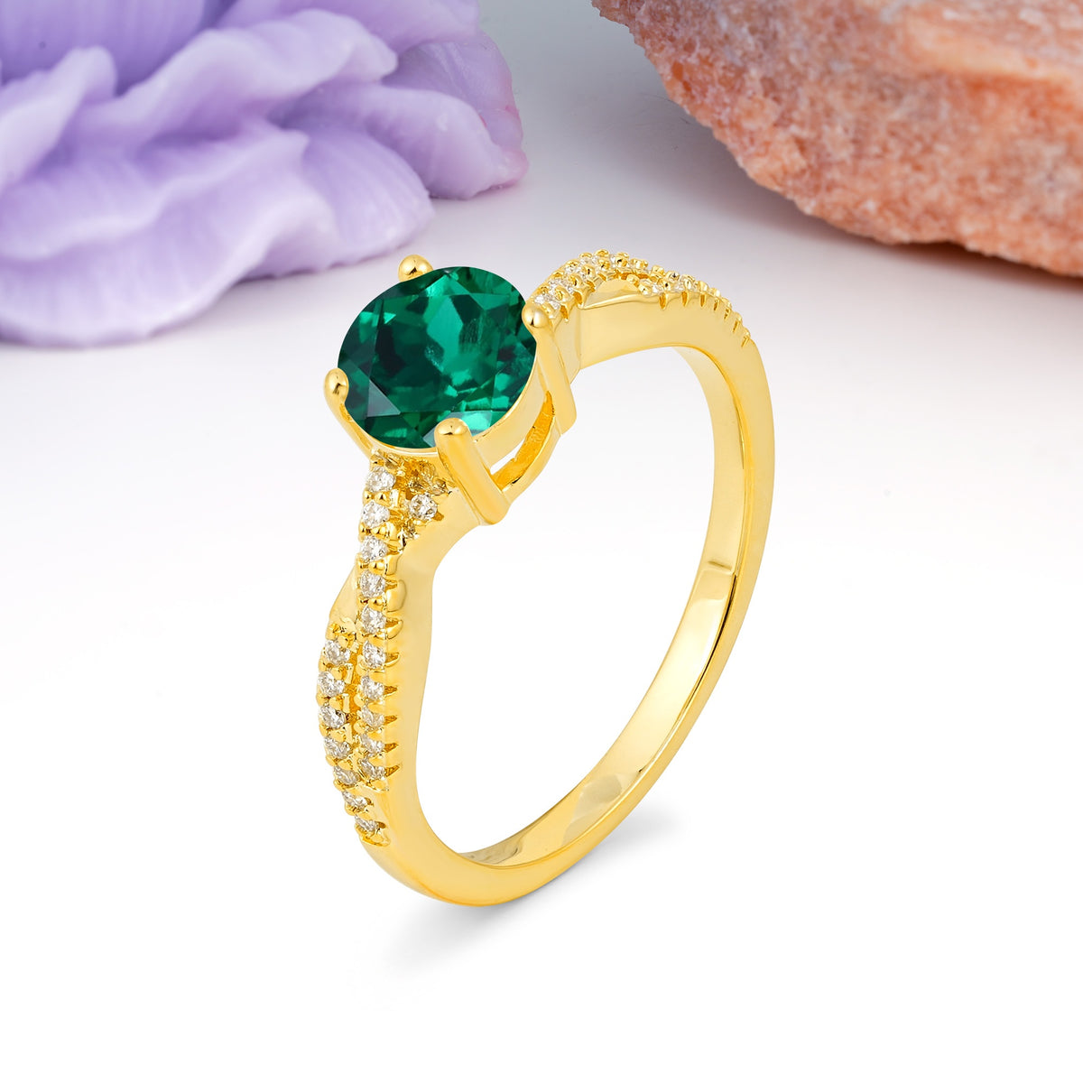 Luxurious Twisted Pavé Setting, 4-Prong Round Cut Emerald Engagement Ring - Additional view