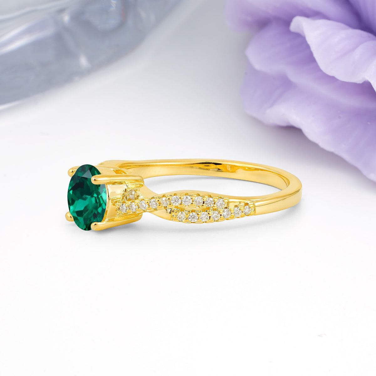 Luxurious Twisted Pavé Setting, 4-Prong Round Cut Emerald Engagement Ring - Additional view