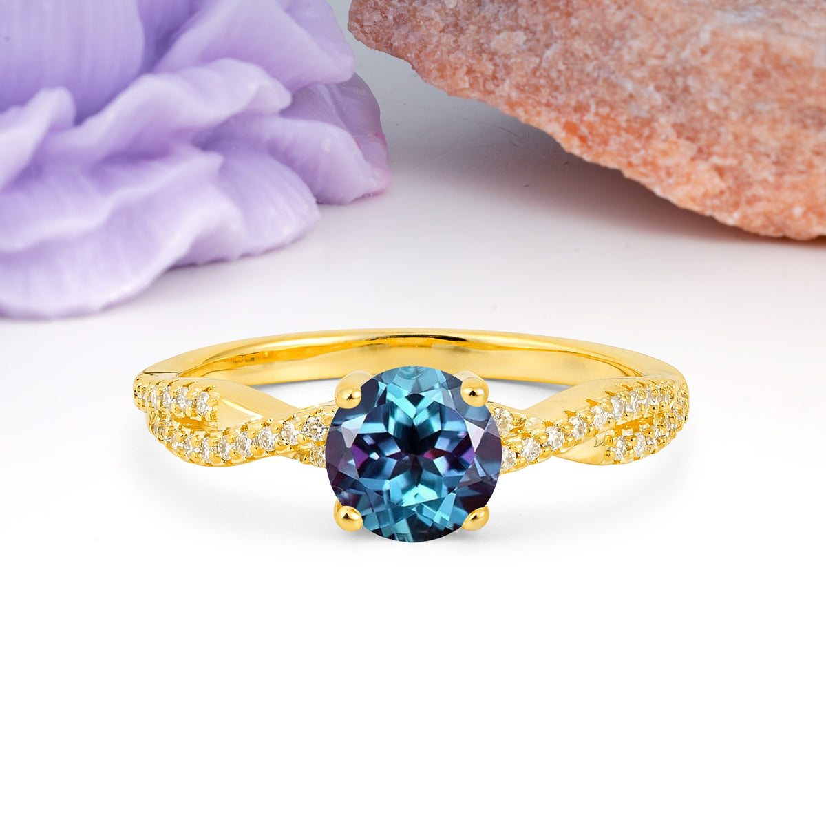 Luxurious Twisted Pavé Setting, 4-Prong Round Cut Alexandrite Engagement Ring - Additional view