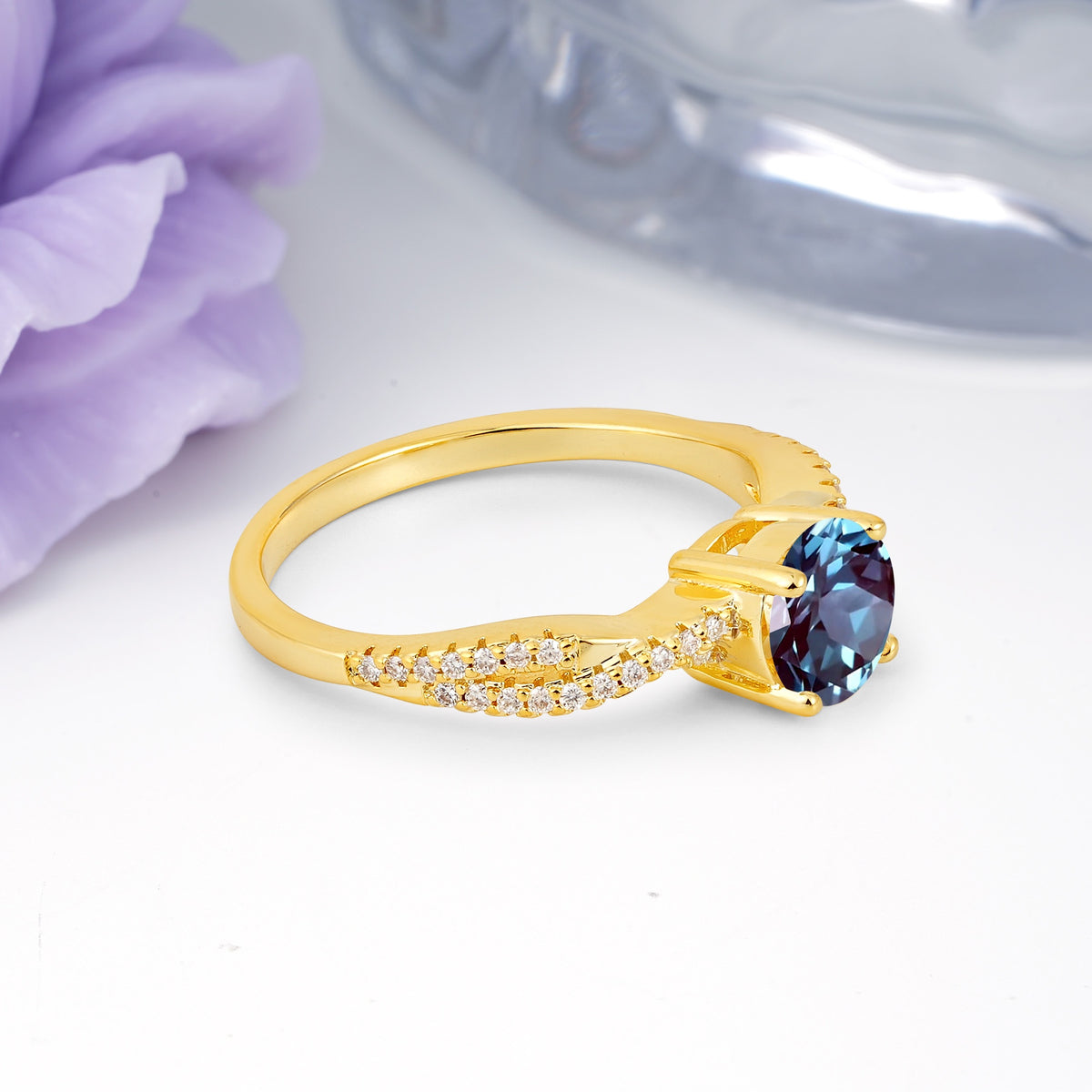 Luxurious Twisted Pavé Setting, 4-Prong Round Cut Alexandrite Engagement Ring - Additional view