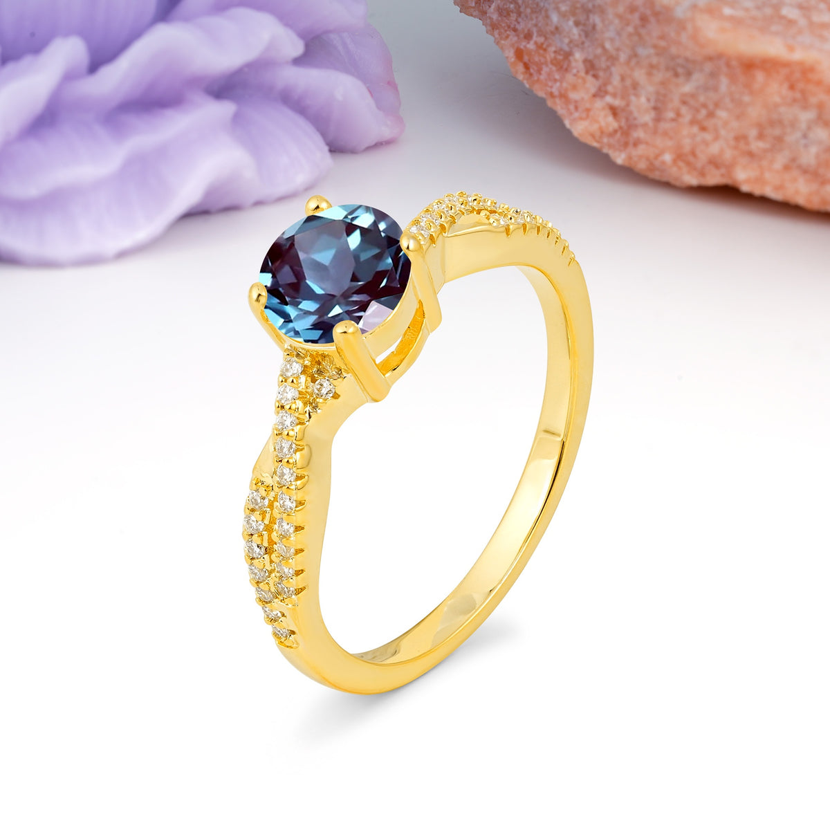 Luxurious Twisted Pavé Setting, 4-Prong Round Cut Alexandrite Engagement Ring - Additional view