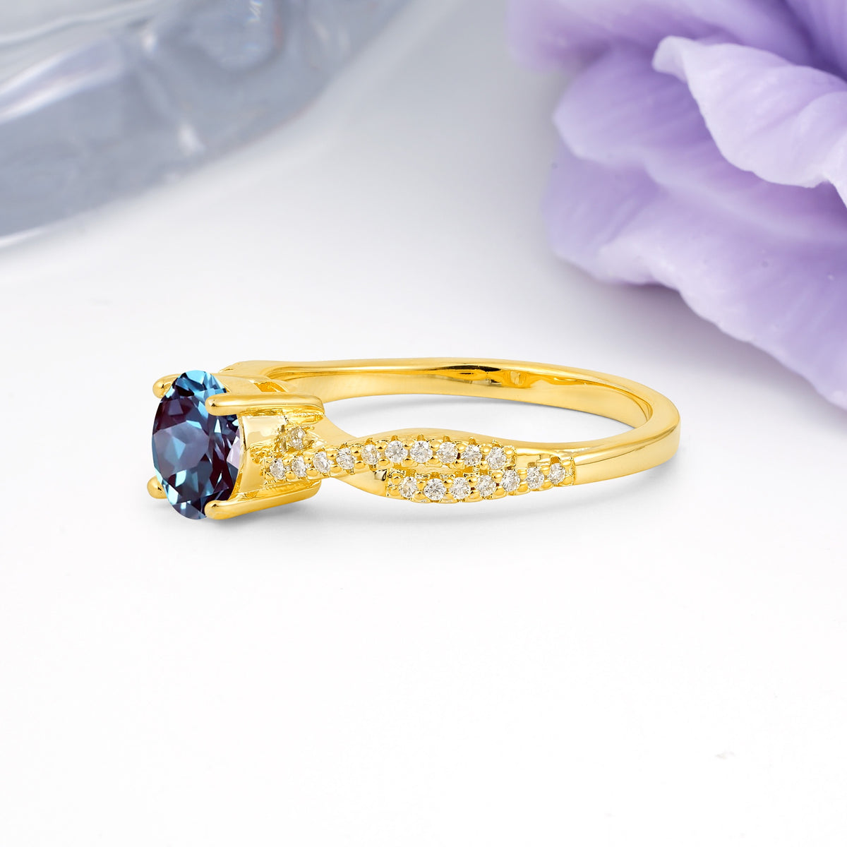 Luxurious Twisted Pavé Setting, 4-Prong Round Cut Alexandrite Engagement Ring - Additional view