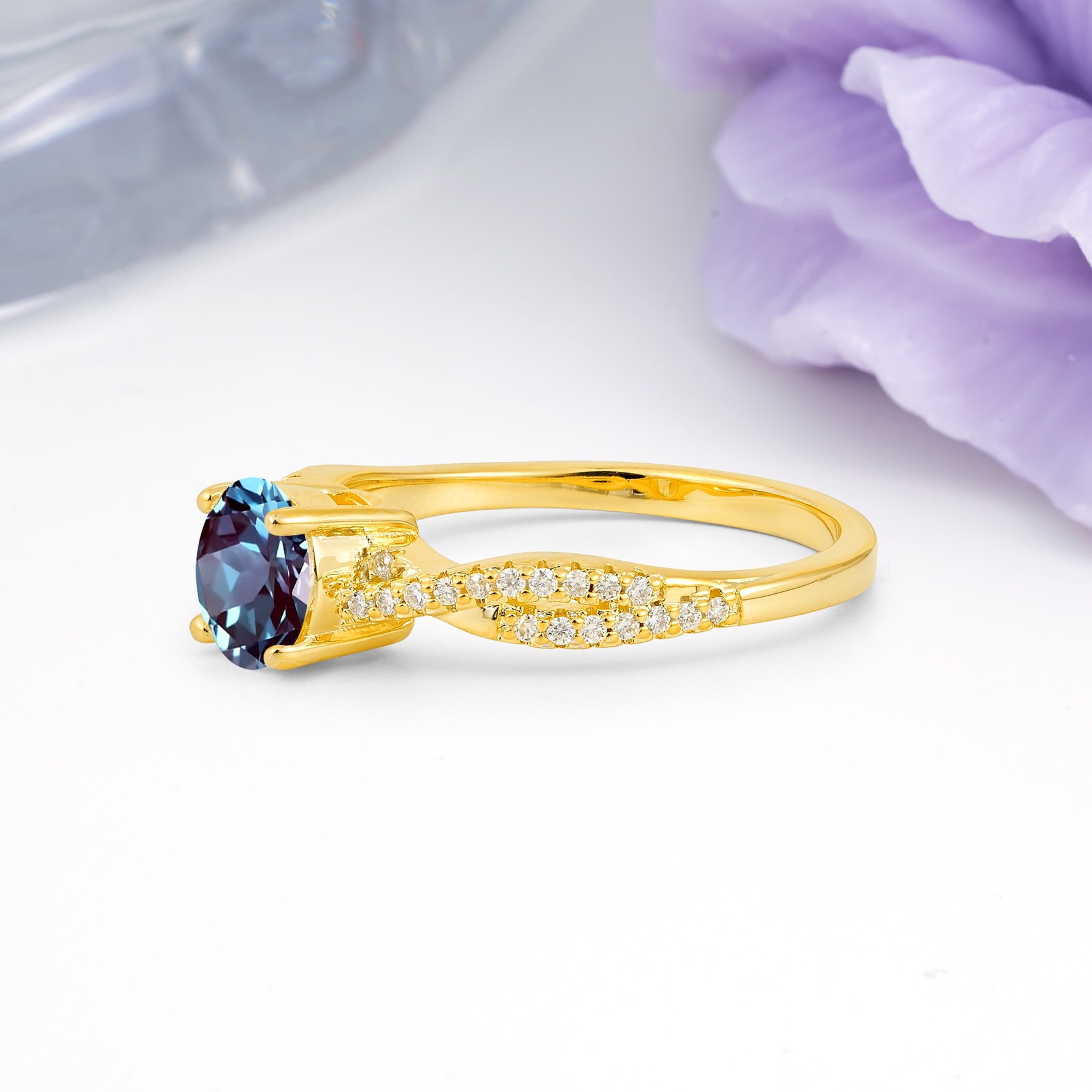 Luxurious Twisted Pavé Setting, 4-Prong Round Cut Alexandrite Engagement Ring - Additional view