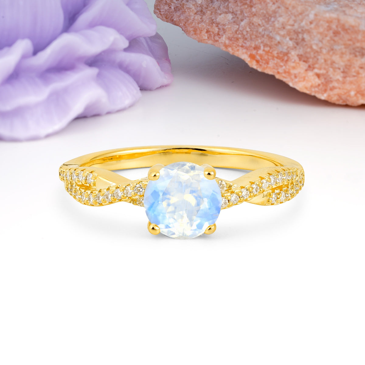 Luxurious Twisted Pavé Setting, 4-Prong Round Cut Moonstone Engagement Ring - Additional view