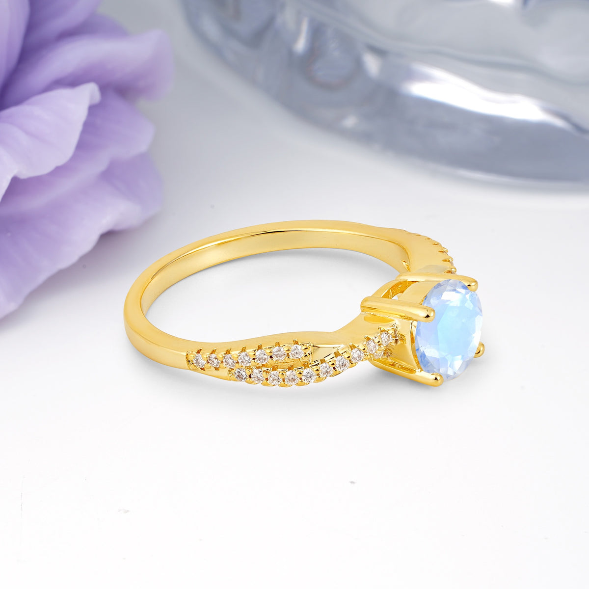 Luxurious Twisted Pavé Setting, 4-Prong Round Cut Moonstone Engagement Ring - Additional view