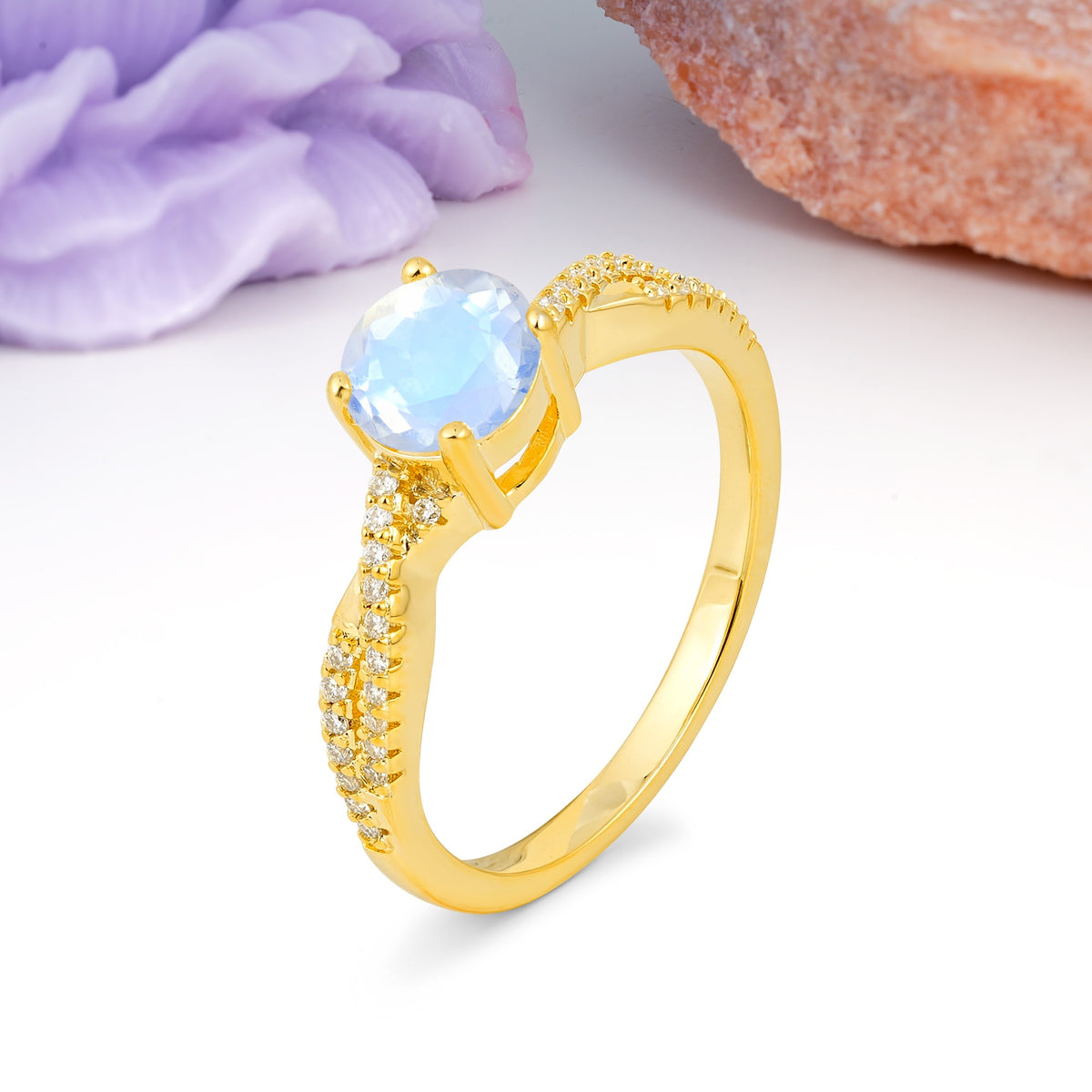 Luxurious Twisted Pavé Setting, 4-Prong Round Cut Moonstone Engagement Ring - Additional view