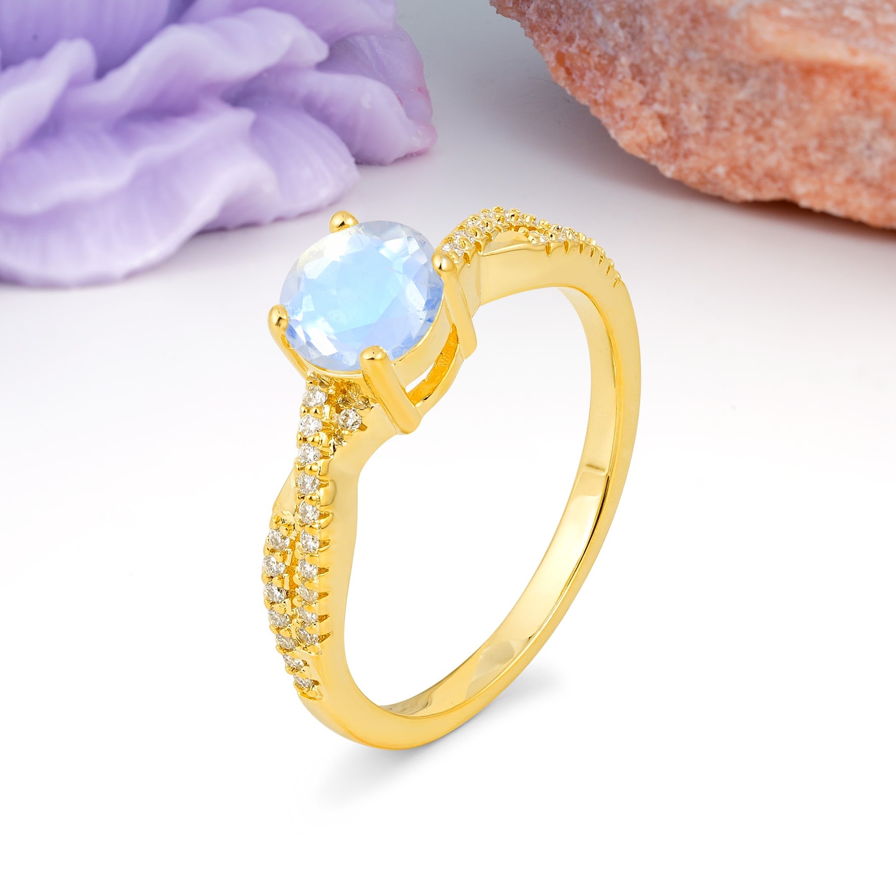 Luxurious Twisted Pavé Setting, 4-Prong Round Cut Moonstone Engagement Ring - Additional view