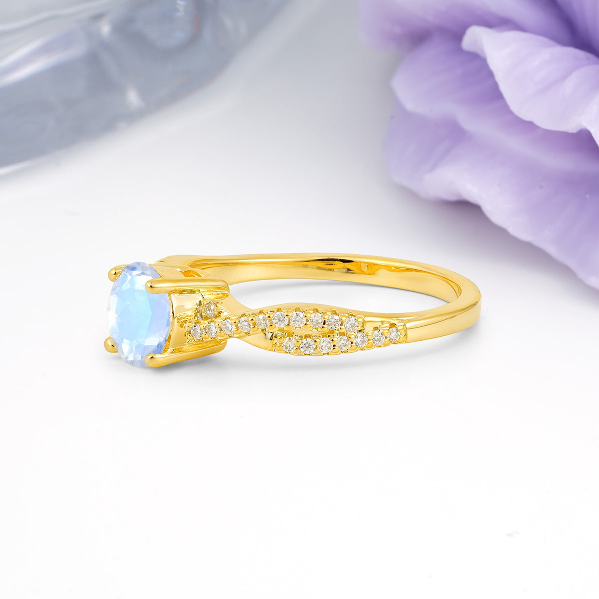 Luxurious Twisted Pavé Setting, 4-Prong Round Cut Moonstone Engagement Ring - Additional view