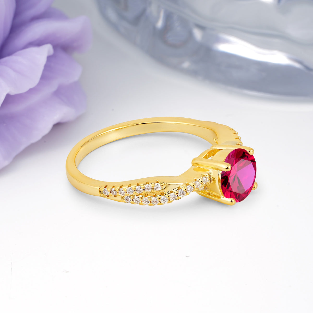 Luxurious Twisted Pavé Setting, 4-Prong Round Cut Ruby Engagement Ring - Additional view
