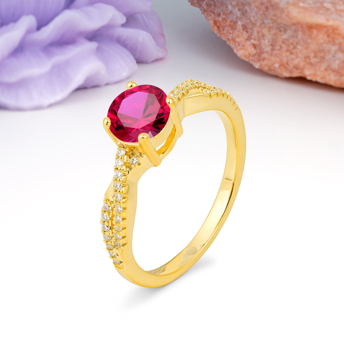 Luxurious Twisted Pavé Setting, 4-Prong Round Cut Ruby Engagement Ring - Additional view