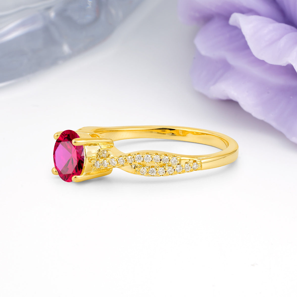 Luxurious Twisted Pavé Setting, 4-Prong Round Cut Ruby Engagement Ring - Additional view