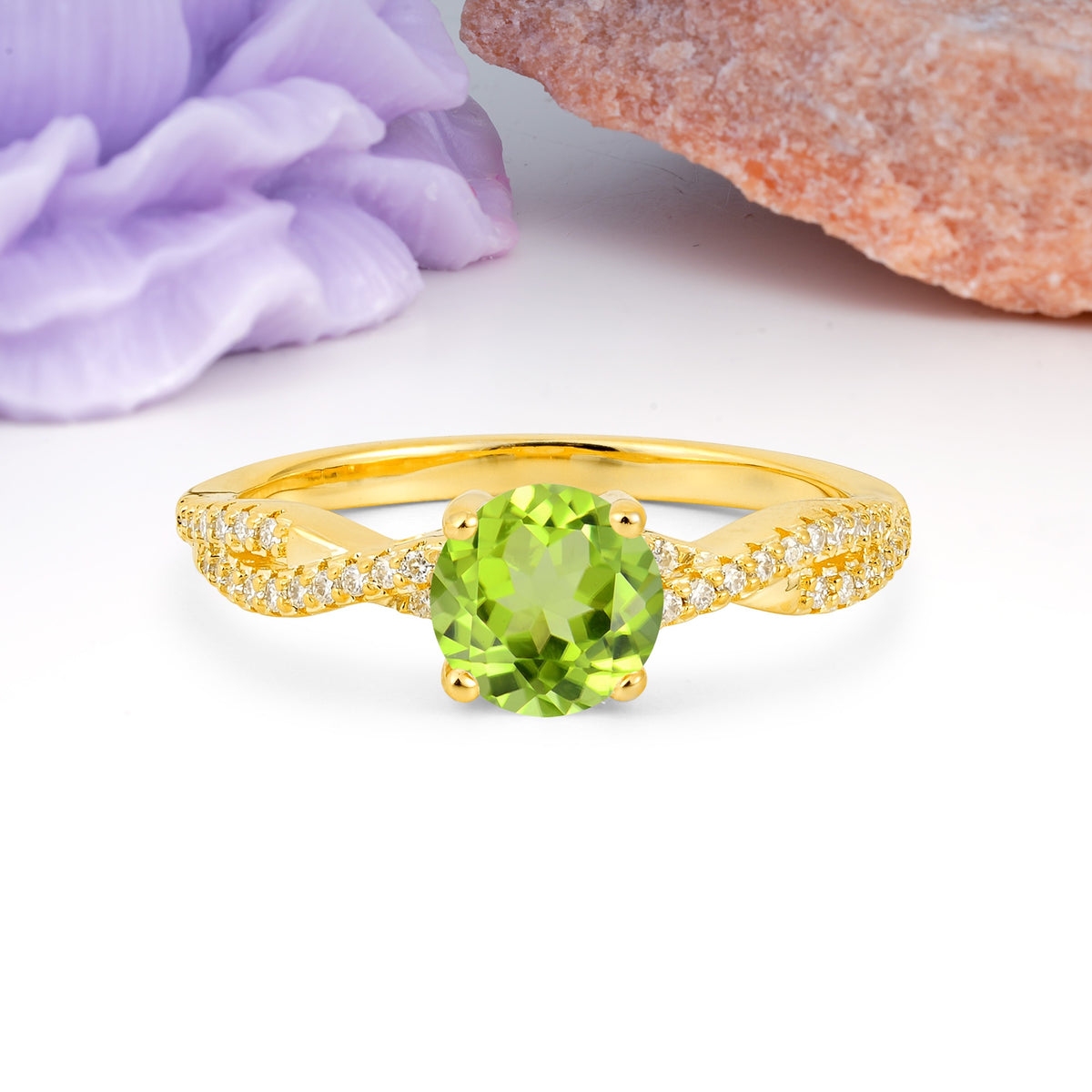 Luxurious Twisted Pavé Setting, 4-Prong Round Cut Peridot Engagement Ring - Additional view