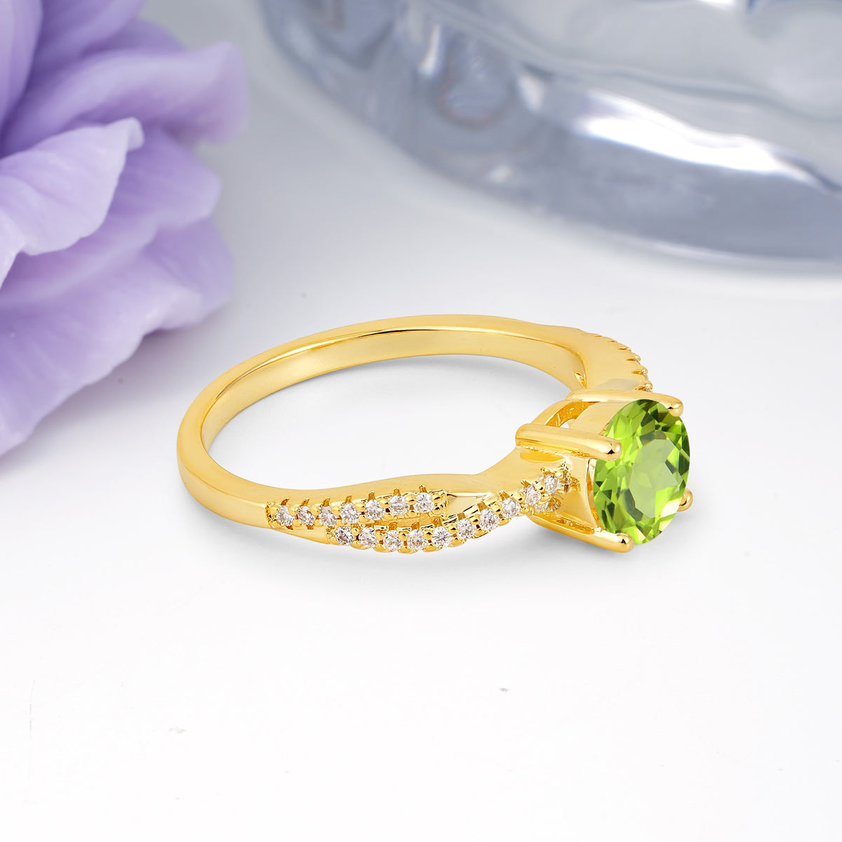 Luxurious Twisted Pavé Setting, 4-Prong Round Cut Peridot Engagement Ring - Additional view