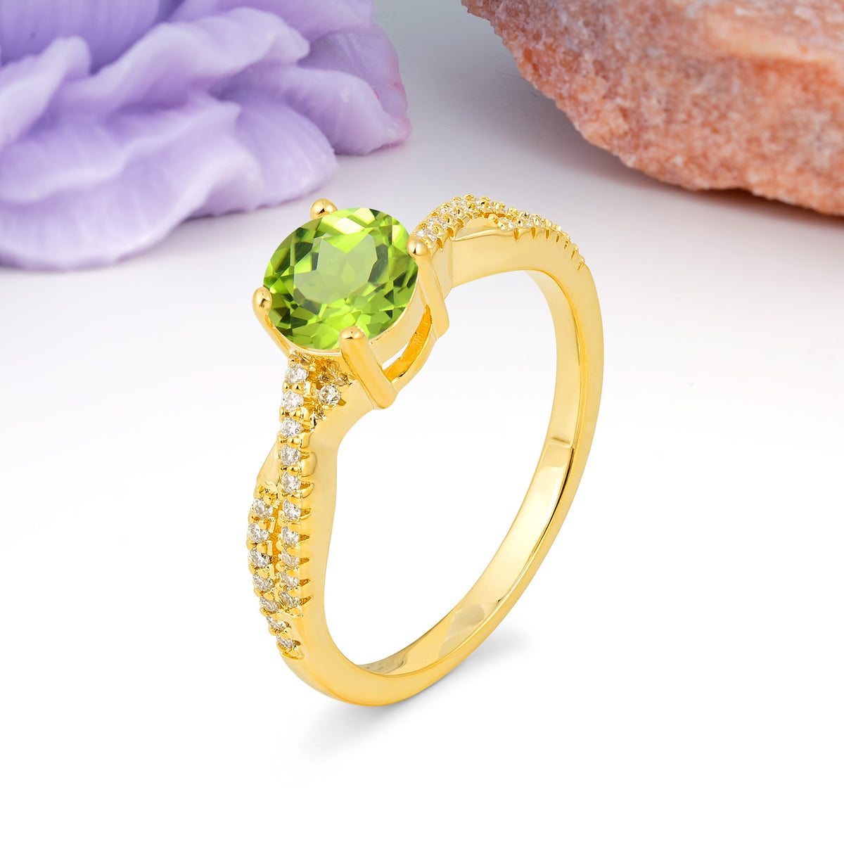 Luxurious Twisted Pavé Setting, 4-Prong Round Cut Peridot Engagement Ring - Additional view