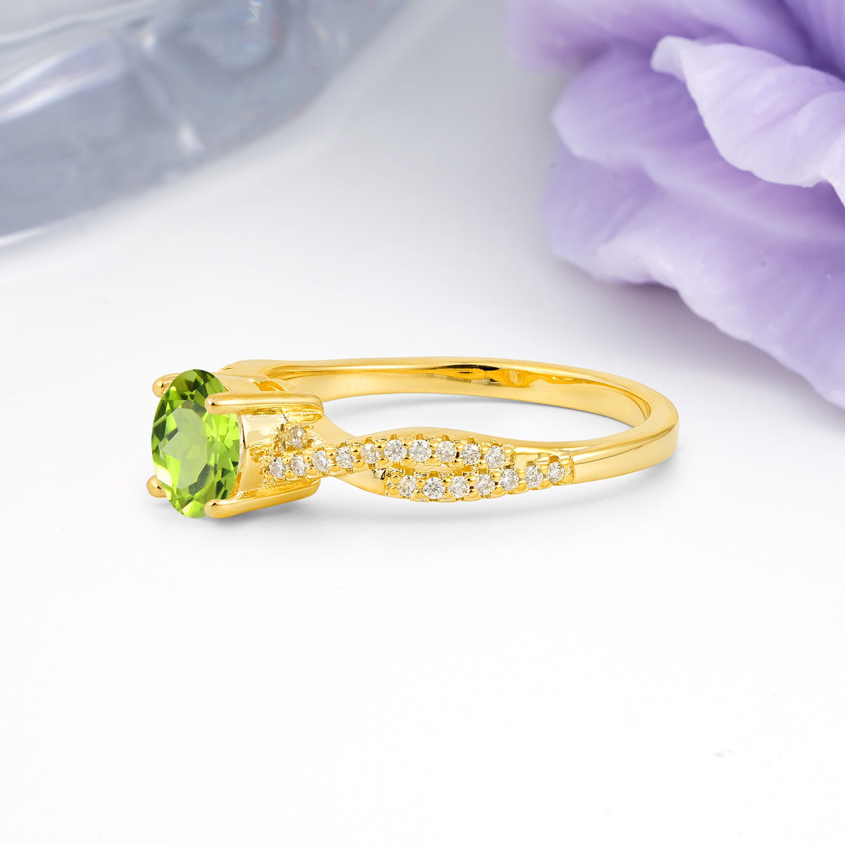 Luxurious Twisted Pavé Setting, 4-Prong Round Cut Peridot Engagement Ring - Additional view