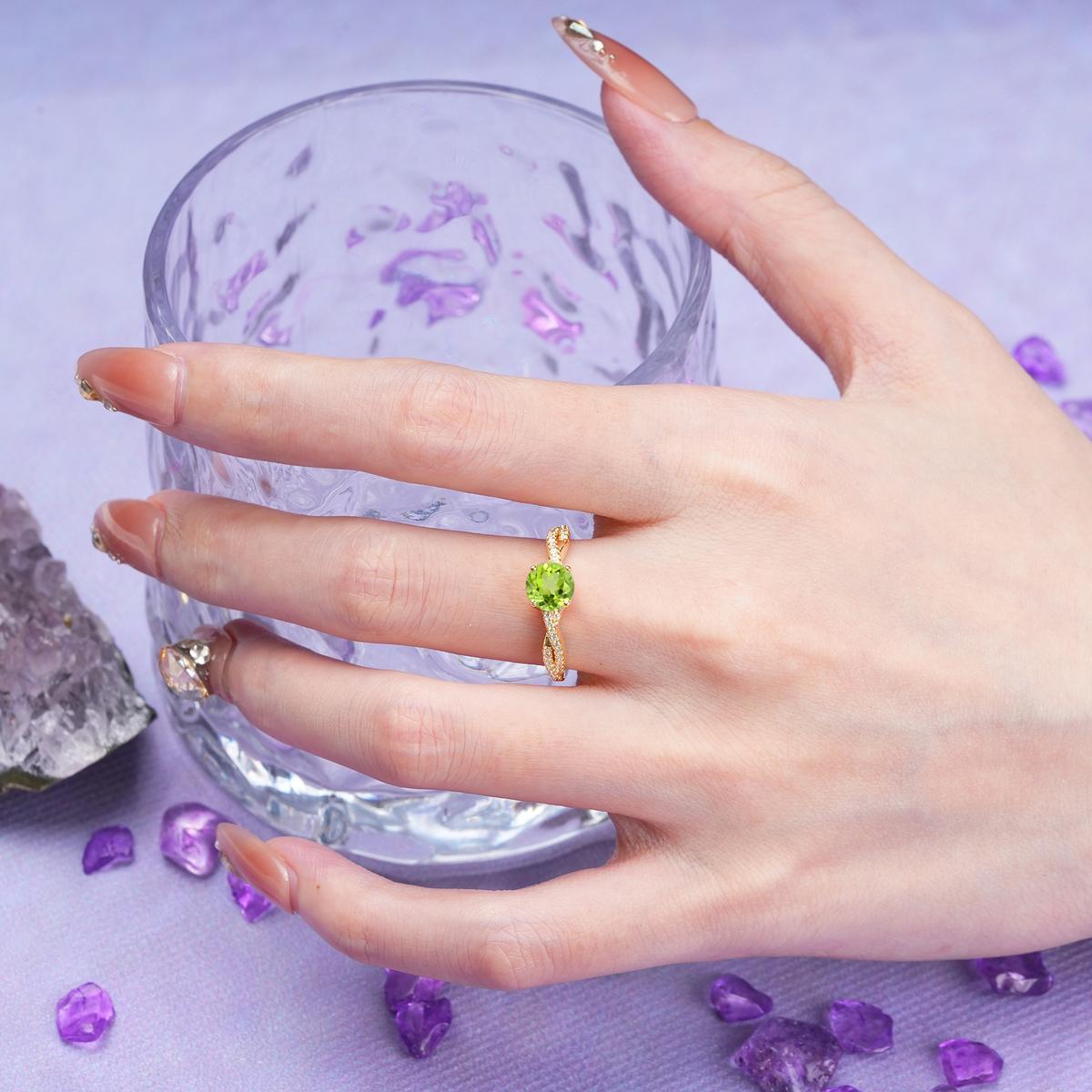 Luxurious Twisted Pavé Setting, 4-Prong Round Cut Peridot Engagement Ring