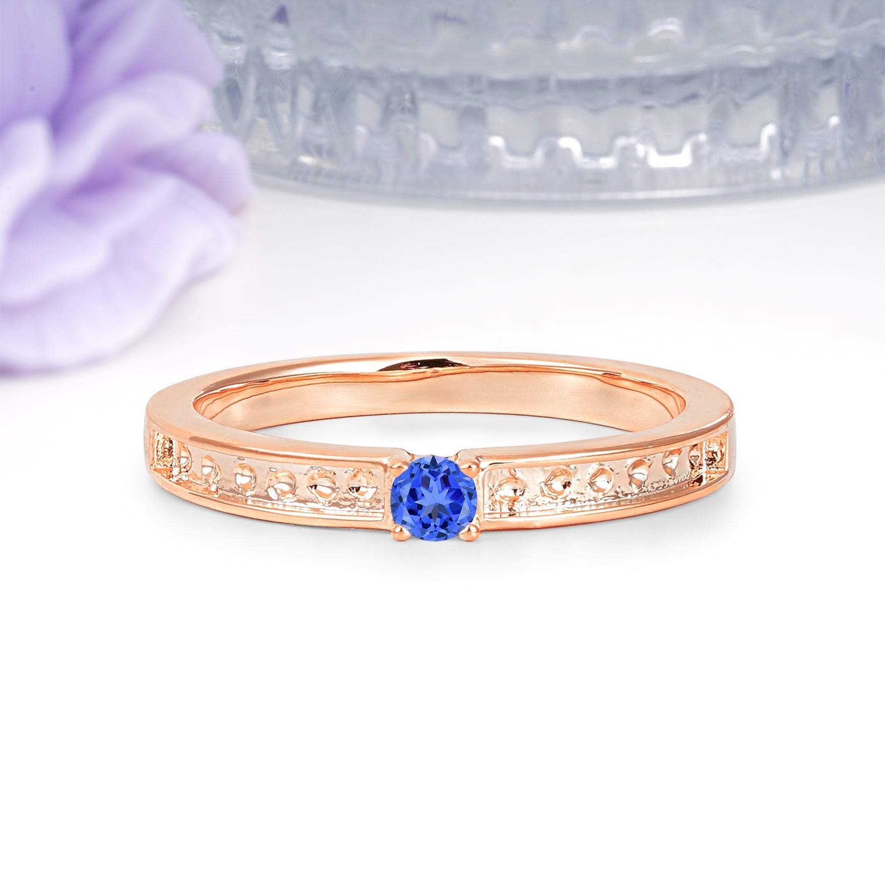 Dainty Single Round Cut 4 Prong Openwork Pave Side Band Sapphire Engagement Ring - Additional view