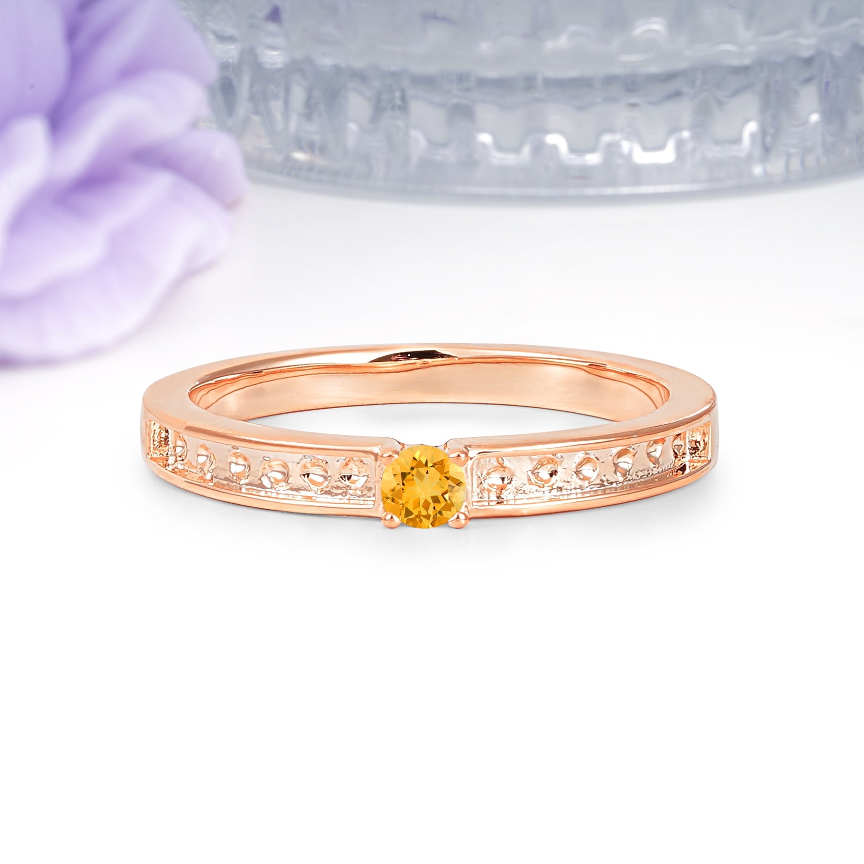 Dainty Single Round Cut 4 Prong Openwork Pave Side Band Citrine Engagement Ring - Additional view