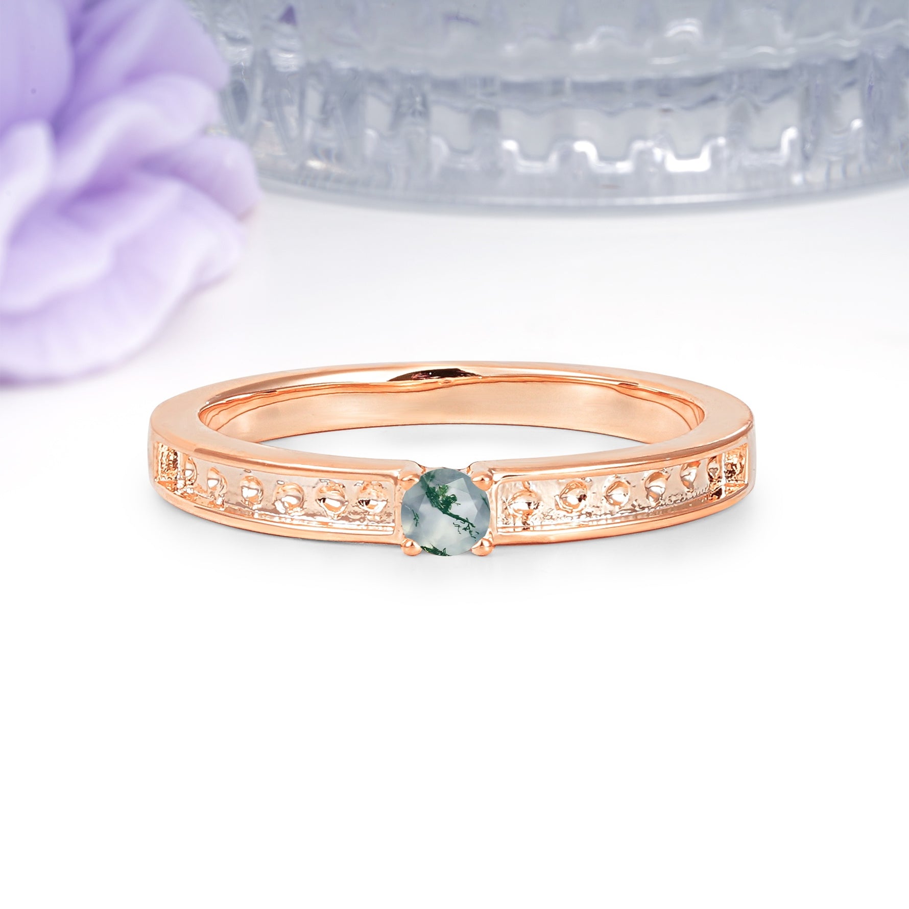 Dainty Single Round Cut 4 Prong Openwork Pave Side Band Moss Agate Engagement Ring - Additional view
