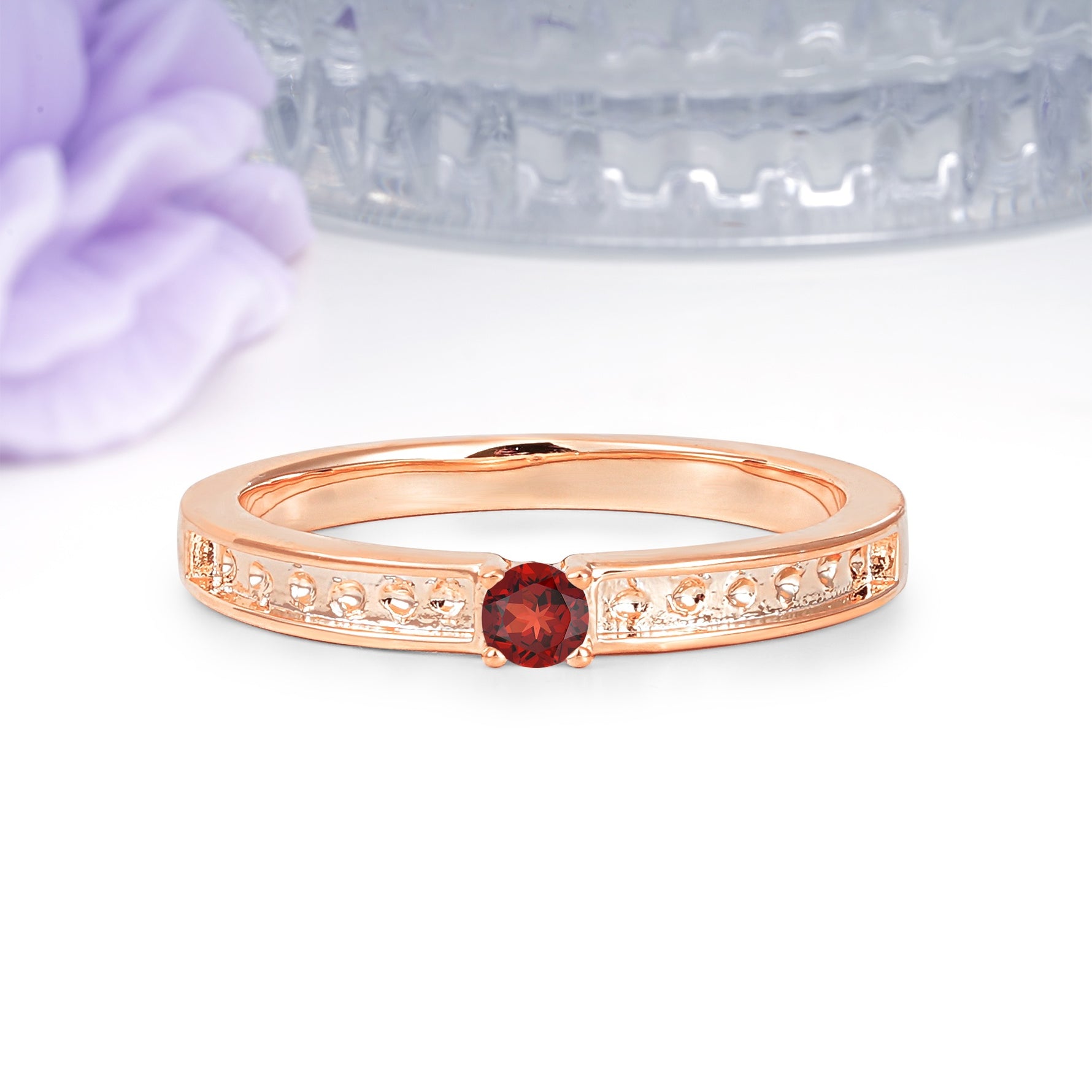 Dainty Single Round Cut 4 Prong Openwork Pave Side Band Garnet Engagement Ring - Additional view