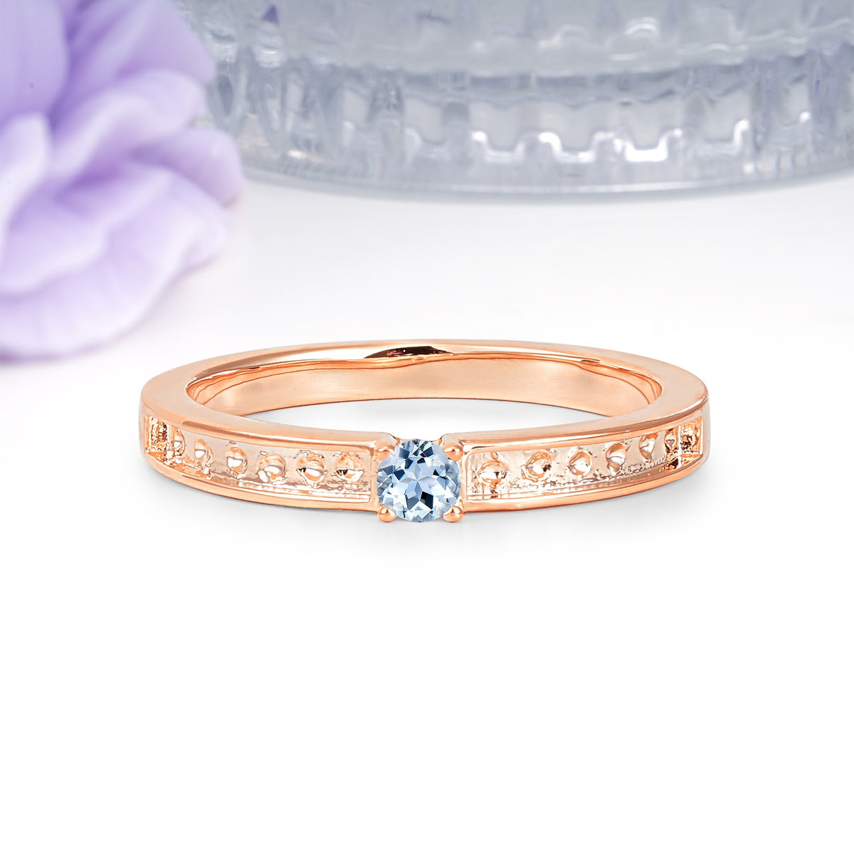 Dainty Single Round Cut 4 Prong Openwork Pave Side Band Aquamarine Engagement Ring - Additional view